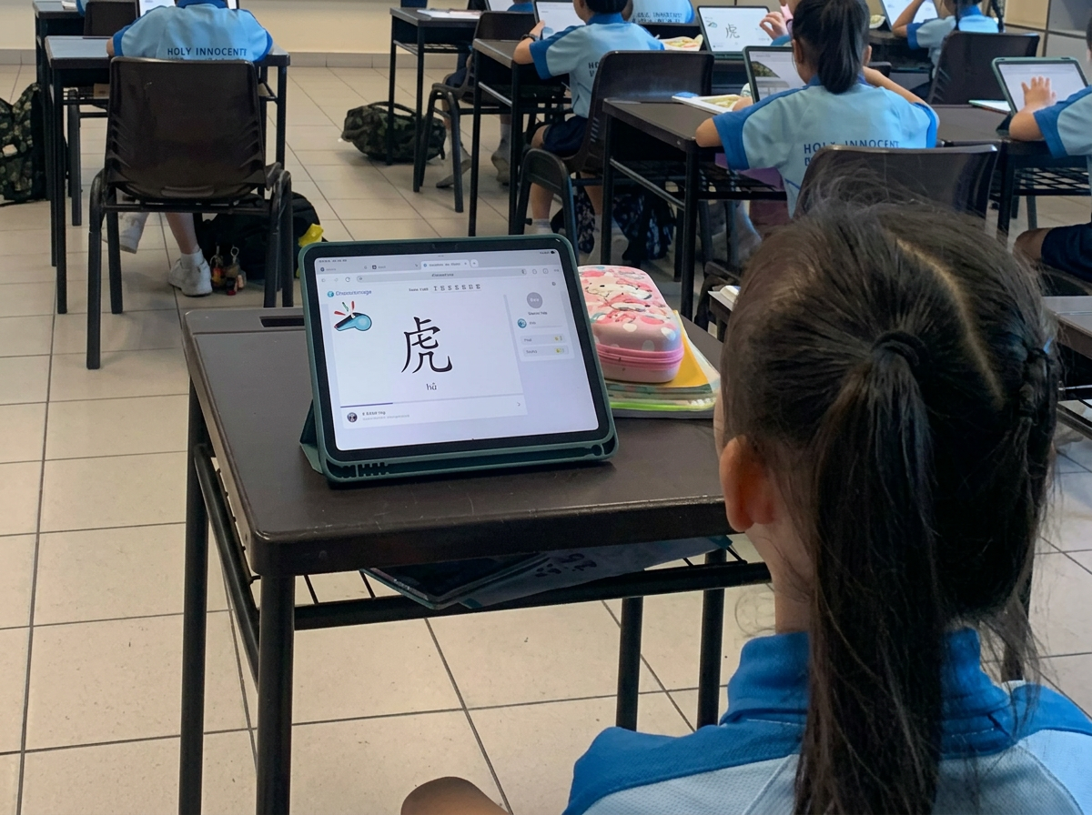 Two children in school uniforms sit on a tiled floor, one holding a tablet and the other a book.